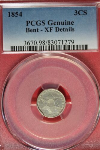 1854 PCGS GENUINO DOBLADO XF DETALLES 3 CENTAVOS PLATA #B49028