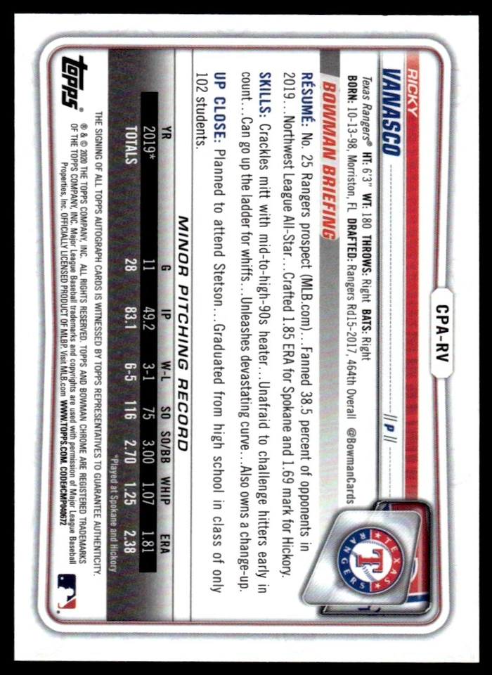 2020 Bowman Chrome Prospect Autographs Ricky Vanasco Texas Rangers #CPA-RV - Image 2 of 2