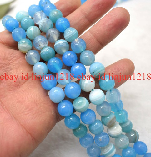 Natural 6/8/10/12mm Faceted Blue Striped Agate Round Gemstone Loose Beads 15'' - Bild 13 von 16