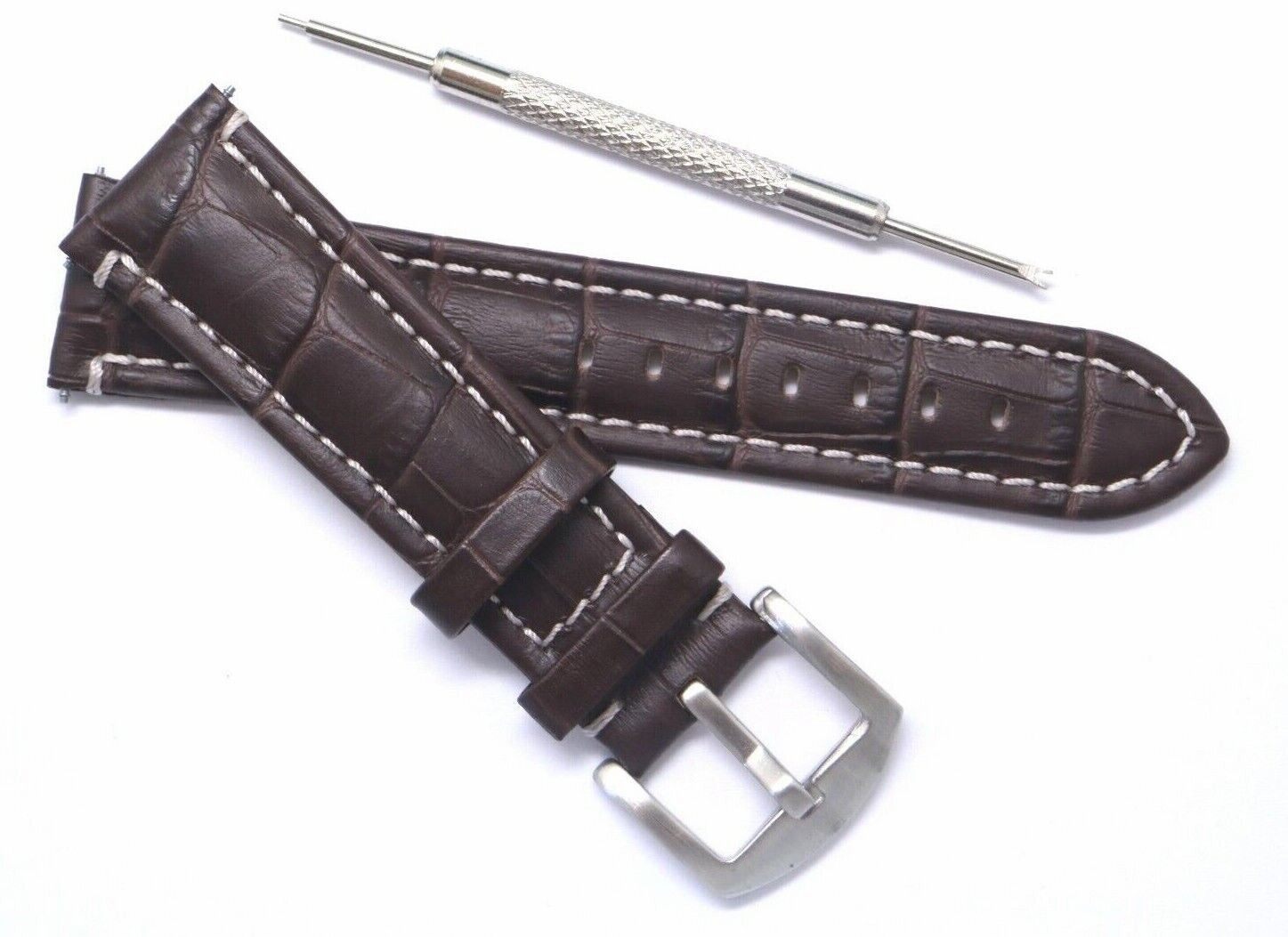 22mm Brown&sol;White Croco Embossed Leather Watch Band With Spring Bar Remover Tool