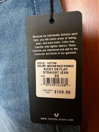 TRUE RELIGION NWT RICKY SN FLAP STRAIGHT JEANS Style 107799 SIZE 33 $159.00 - Picture 3 of 12