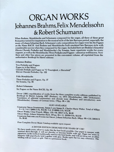 Organ Works Book Brahms Mendelssohn Schumann Dover Publications 1991 - Picture 4 of 4