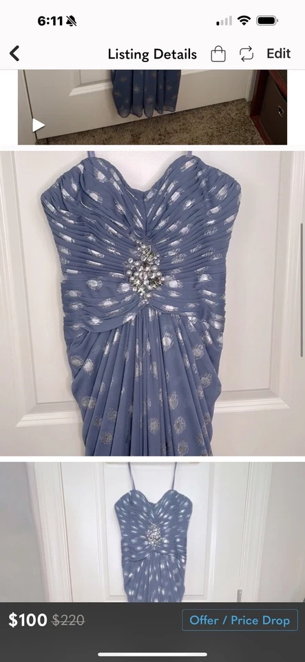 Adrianna Papell Foiled Dot Draped Mesh Gown Slate Gray Sz 2 - Image 3 of 4