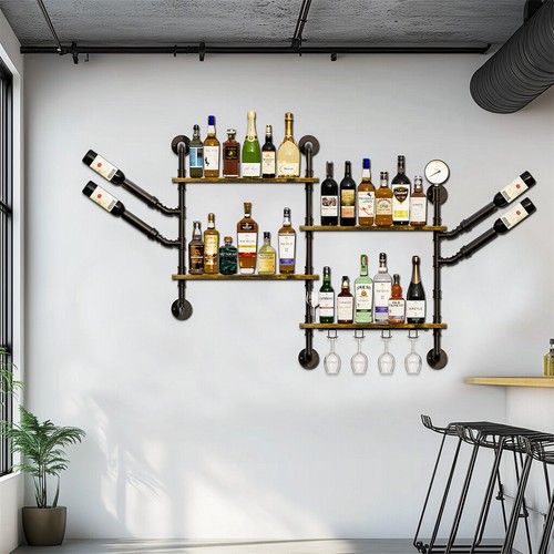 Industrial Pipe Bar Wall Liquor Shelf Floating Shelves with Wine Glass Holder - Picture 5 of 14