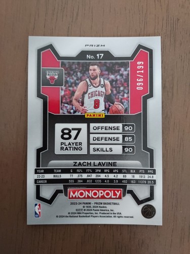 2023-24 Panini Monopoly Prizm Zach Lavine Teal Prizm #17 96/199 SP - Bild 2 von 2