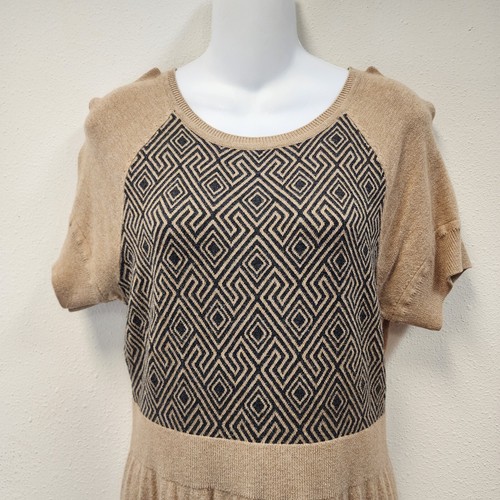 Worthington Sweater Dress L Tan Y2K Babydoll Geometric Casual Short Sleeves - Picture 2 of 10