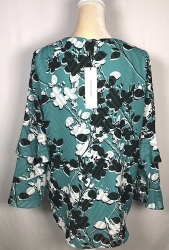 Calvin Klein Women Blouse Shirt Large Top Long Sleeve Chiffon Green Black NW $79 - Picture 7 of 11