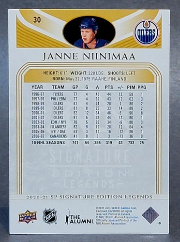 2020-21 SP Signature Edition Legends Gold Foil #30 Janne Niinimaa - Picture 2 of 2