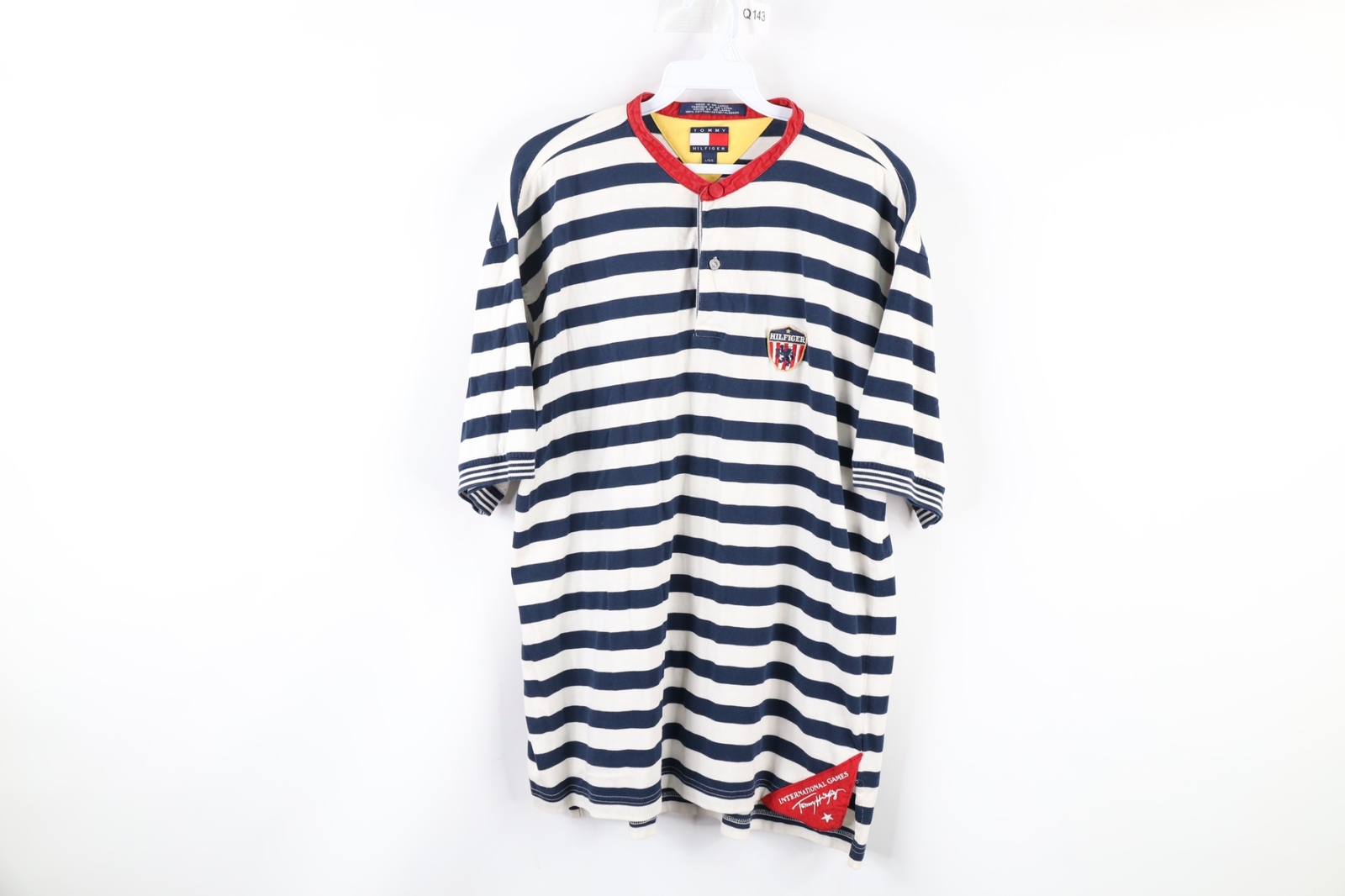 90s Vintage Tommy Hilfiger International Games Striped Henley Shirt Mens L