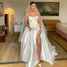 Simple Stain Pleats A-Line High Side Slit Wedding Dresses Backless Lace Up