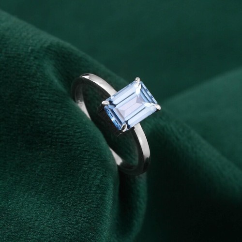 Anello di fidanzamento singolo taglio smeraldo acquamarina 1 ct argento sterling 925 - Foto 7 di 8