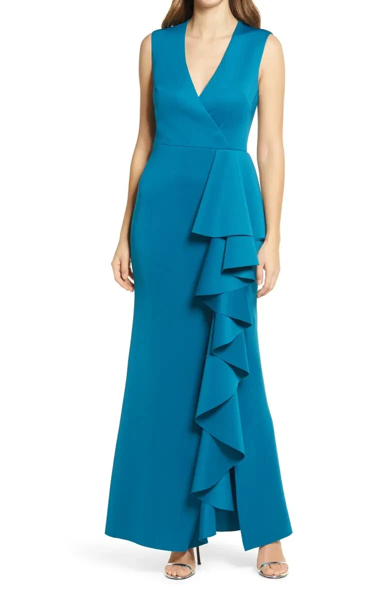 ELIZA J NEW 138 Sleeveless Ruffle Stretch Satin Gown in Peacock