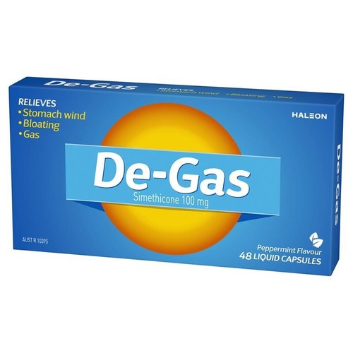 De-Gas 144 Capsules Simethicone 100mg Reliefs Stomach Wind Bloating Gas 48 X 3 - Picture 7 of 11
