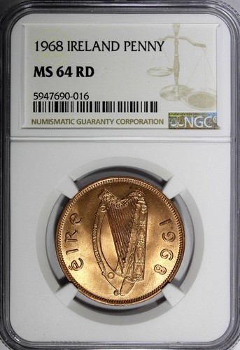 Penny República de Irlanda 1968 Bronce NGC MS64 RD BONITA GALLINA ROJA con polluelos KM11 (6) - Imagen 2 de 4