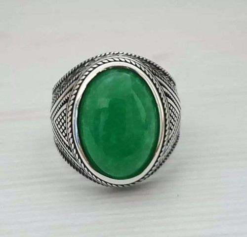 1925s Egyptian Art Deco Style Green Oval Shape Jade With 925 Real Silver Ring - Picture 3 of 7