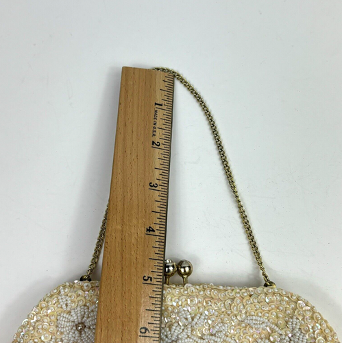Vtg Delill Evening Bag Clutch Off White Beaded Daisy Flower Kiss lock Glamour - Picture 10 of 11