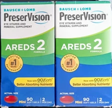 2 BAUSCH + LOMB PRESERVISION EYE VITAMIN AREDS 2 FORMULA 90 X2 180 SOFT GELS!!!