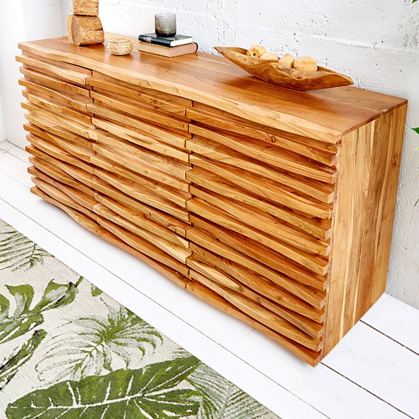 Massivholz Sideboard RELIEF 160cm Akazie Kommode mit Schubladen aufwändige Front