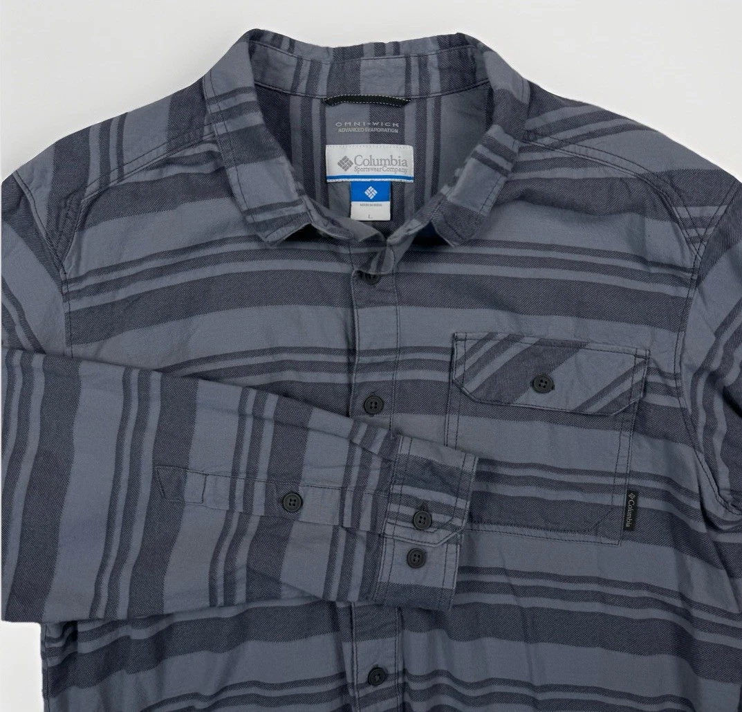 Columbia Omni-Wick Men's Large Flannel Plaid Long Sleeve Pocket Blue Shirt