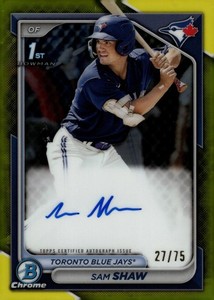 2024 Bowman Chrome Prospect Autographs Yellow Refractors Sam Shaw Auto 1st 27/75