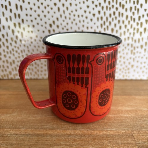 Tazza tazza caffè smaltata FINEL Red Lintu Bird Arabia Finlandia vintage MCM metallo - Foto 4 di 13