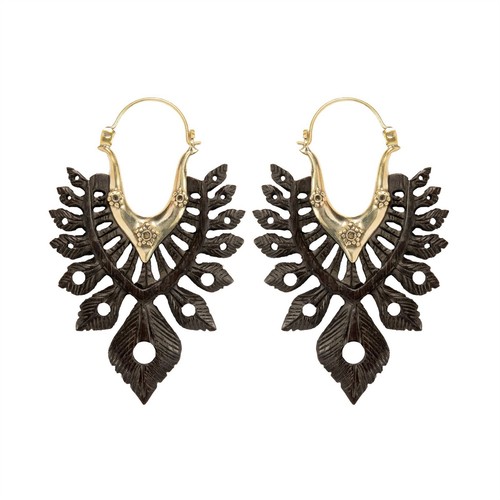 Feather Earrings Wood Gold Brass Large Carved Tribal Jewellery - 81stgeneration - Imagen 1 de 3