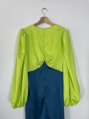 Never Fully Dressed Louella Lime Green & Blue Satin Maxi Dress - Sz UK 12 - Picture 10 of 14