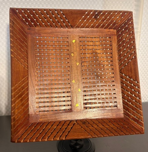 Handcrafted Wooden Square Serving Tray Slatted Design with Gold tone Inlay - Picture 3 of 11