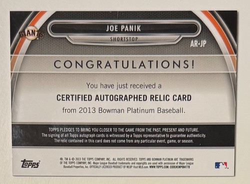 2013 BOWMAN PLATINUM JOE PANIK AUTOGRAPH AUTO JERSEY CARD SAN FRANCISCO GIANTS - Picture 2 of 2