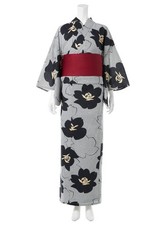 Japanese Yukata Set Modern Stripe Tsubaki Camellia Floral Kimono Obi F Size DDP