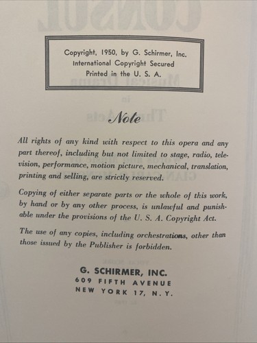 THE CONSUL: VOCAL SCORE by Gian-Carlo Menotti, 1950 Sheet Music Book - Picture 7 of 9