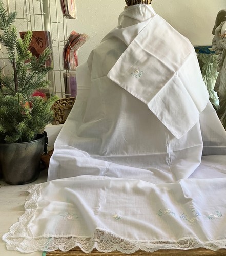 Vintage französisches Babybett LAKEN + Kissen SCHAM, Spitze & bestickt, Blumen, Pastell - Bild 4 von 15