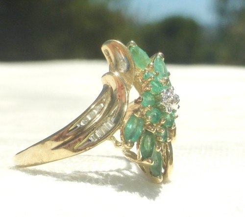 BEAUTIFUL 10k YELLOW GOLD EMERALD DIAMOND COCKTAIL RING LADIES SIZE 10 Amazing - Picture 3 of 8