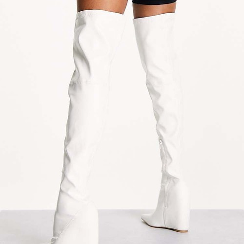 PUBLIC DESIRE Over The Knee Wedge Heel Boots In White UK Size 7 RRP £50 - Picture 3 of 12