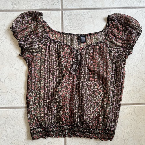Fire Los Angeles Top Brown Sheer Floral Bohemian Peasant Women's Medium - Picture 2 of 7