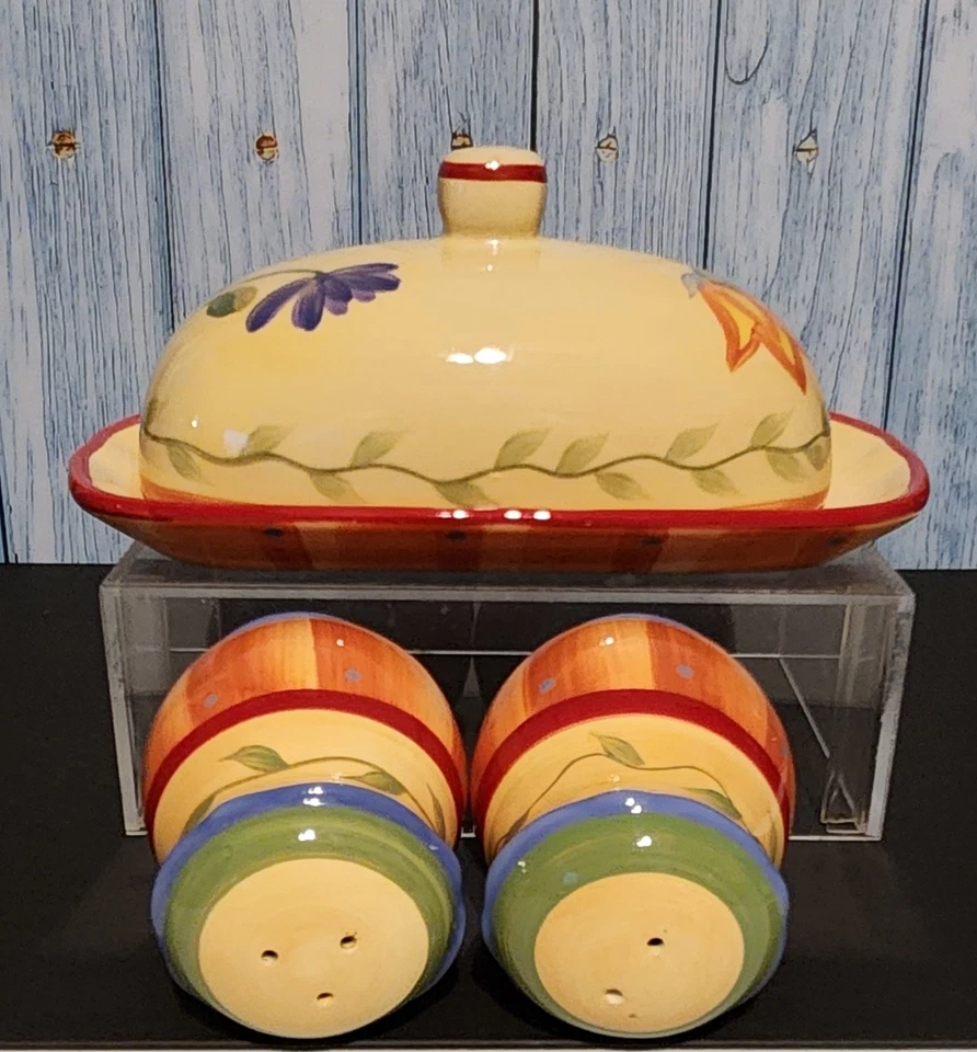 Pfaltzgraff "Napoli" Cerámica Plato de Mantequilla y Sal Pimienta Coctelera Set Diseño Floral Foto 2 de 4