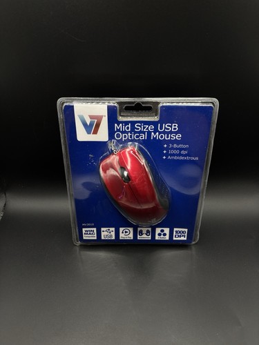 New V7 USB Optical Mouse MV3010 Full Size Wired Plug and Play 3 Button Red Mouse - Picture 1 of 3