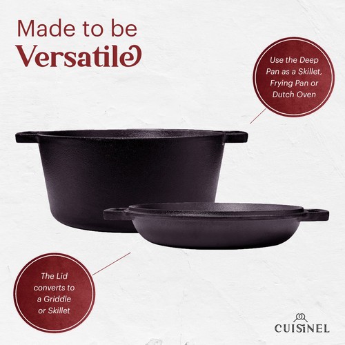 Cast Iron Double Dutch Oven - Pre-Seasoned 5-Quart Set – 2-in-1 Multi-Cooker:... - Picture 2 of 7