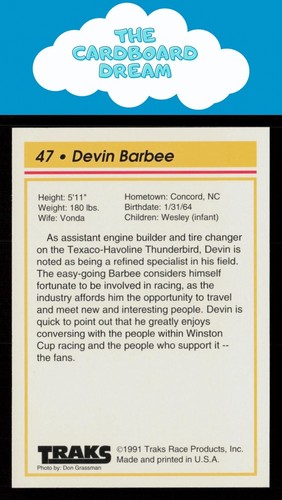 Devin Barbee 1992 Traks Team Sets #47 Robert Yates Racing - Picture 2 of 2