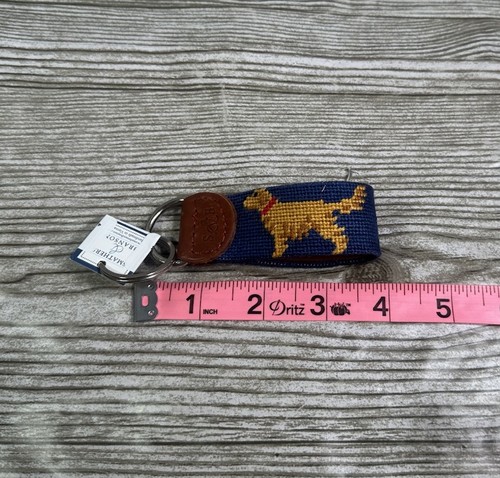 Smathers & Branson Needlepoint Leather Blue Golden Retriever Key Fob Keychain - Picture 3 of 3