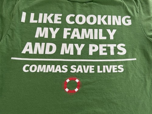 I Like Cooking My Family and My Pets Commas Save Lives Funny Grammar T‑Shirt, M - Picture 3 of 5