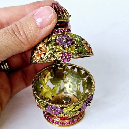 Floral Jeweled Egg Shaped Swarovski Crystals Gold Trinket Box Hinged - M574.1 - Picture 7 of 14