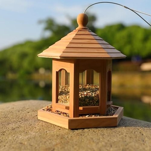 Hanging Wooden Bird Feeder Large Capacity Weatherproof Durable Red Cedar Hexagon - Picture 8 of 8