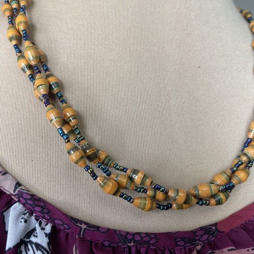Paper Bead Necklace Nicaragua Mission Handmade Triple Strand Orange Blue Beads - Picture 3 of 7