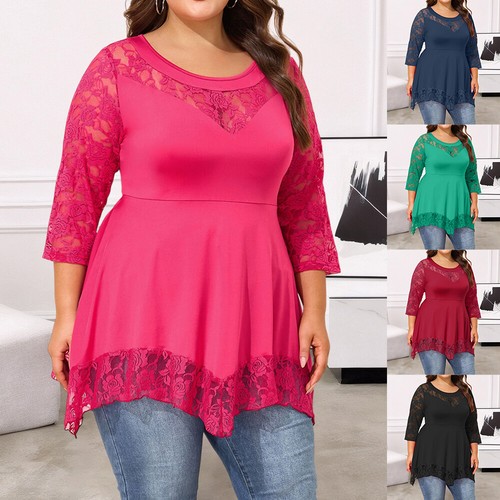 Sexy Women Lace Mesh 3/4 Sleeve Pullover T-Shirt Ladies Casual Blouse Tunic Tops