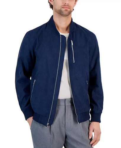 Defects ALFANI Black Bomber Jacket Pique Knit Full Zip Stretch Limo Suede Coat S