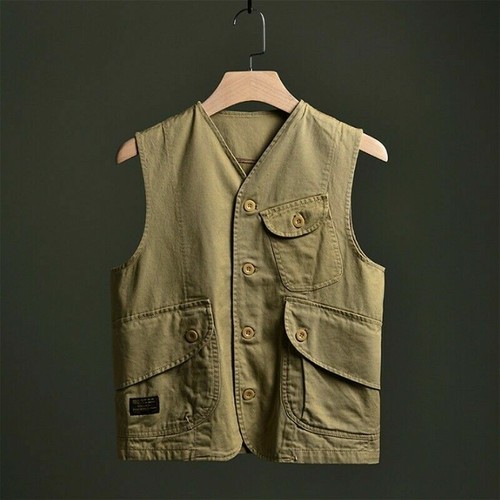 Men Waistcoat Gilet Cargo Vest Pocket Sleeveless Jacket Military Vintage Top - Picture 11 of 12