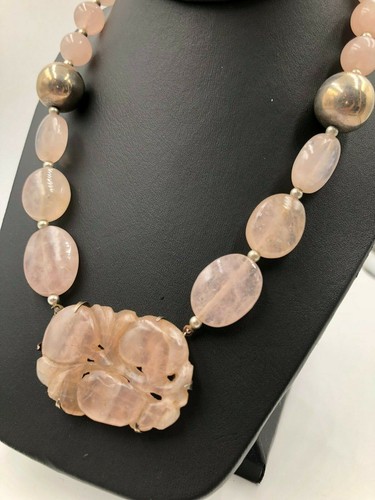 STUNNING VTG CHINESE EXPORT STERLING CARVED ROSE QUARTZ IMPORTNT NECKLACE CHOKER - Picture 2 of 9