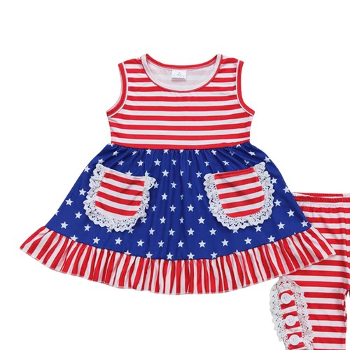 4. Juli Partykleidung USA patriotisch rot weiß gestreift Outfit Kleid mit Tasche - Bild 3 von 7