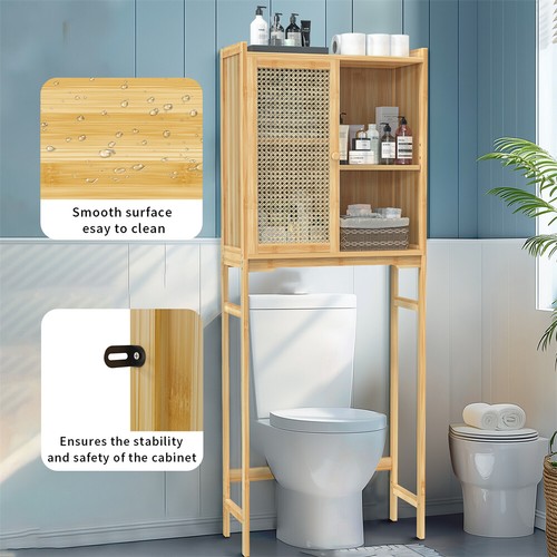Bathroom Cabinet Over the Toilet Storage Organiser Laundry Shelf w/ Rattan Door - Picture 10 of 13